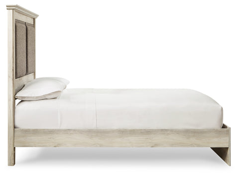 Cambeck King Upholstered Panel Bed with Mirrored Dresser, Chest and Nightstand