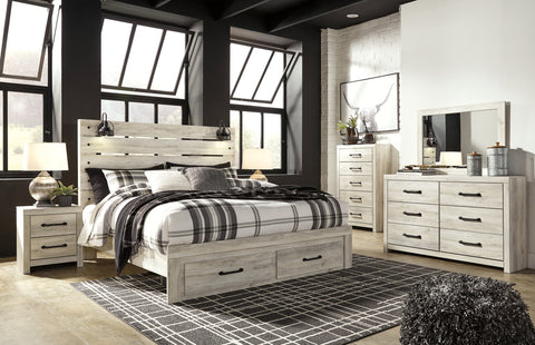 Cambeck King Panel Bed with 2 Storage Drawers with Mirrored Dresser, Chest and 2 Nightstands