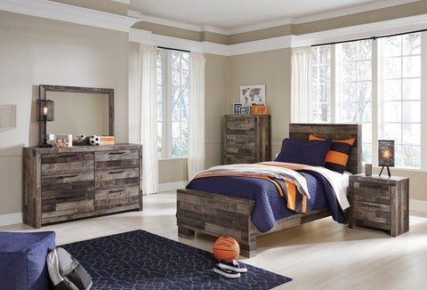 Derekson Twin Panel Bed with Mirrored Dresser, Chest and Nightstand
