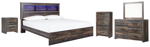 Drystan King Panel Bookcase Bed with Mirrored Dresser, Chest and Nightstand
