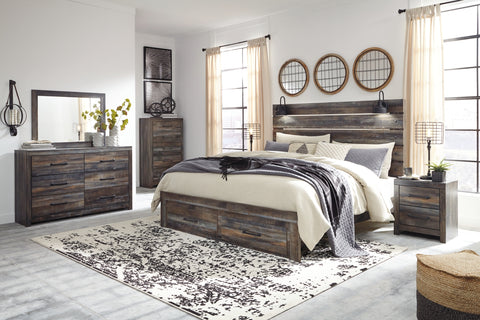 Drystan King Panel Bed with Storage with Mirrored Dresser and 2 Nightstands