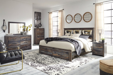 Drystan Queen Bookcase Bed with 2 Storage Drawers with Mirrored Dresser and Chest