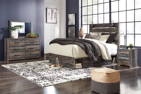 Drystan King Panel Bed with 4 Storage Drawers with Mirrored Dresser, Chest and 2 Nightstands