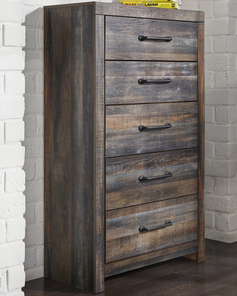 Drystan King Panel Headboard Bed with Mirrored Dresser, Chest and 2 Nightstands
