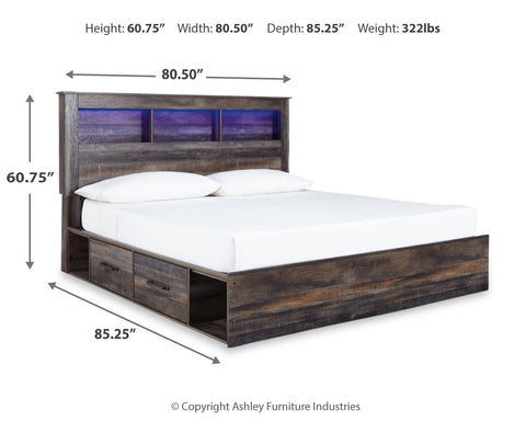 Drystan King Bookcase Bed with 4 Storage Drawers with Mirrored Dresser and 2 Nightstands