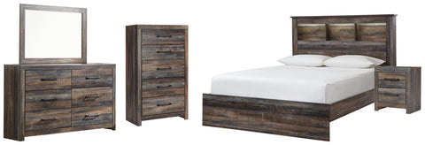 Drystan Queen Bookcase Bed with Mirrored Dresser, Chest and Nightstand