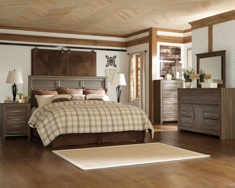 Juararo King/California King Panel Headboard Bed with Mirrored Dresser and Chest