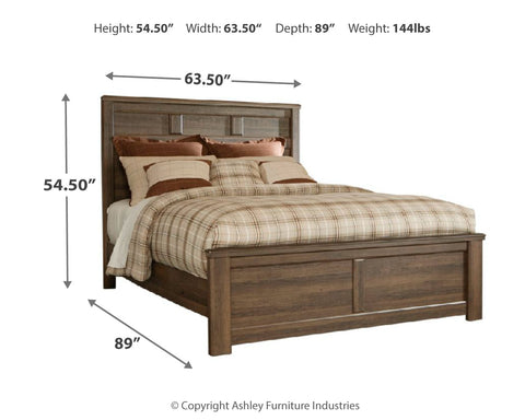 Juararo Queen Panel Headboard Bed with Mirrored Dresser and Chest