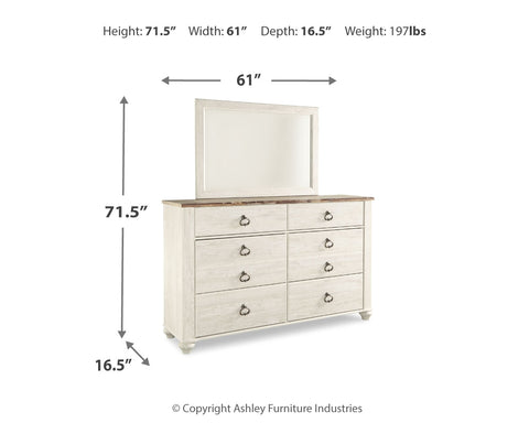 Willowton California King Panel Bed with Mirrored Dresser and 2 Nightstands