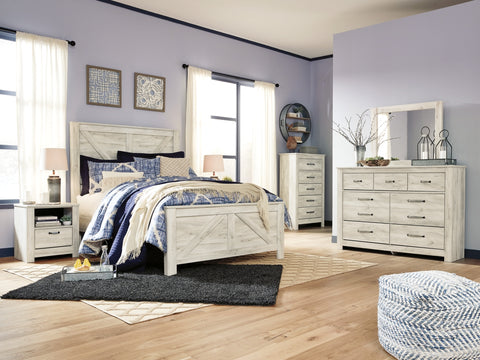 Bellaby Queen Crossbuck Panel Bed with Mirrored Dresser, Chest and Nightstand