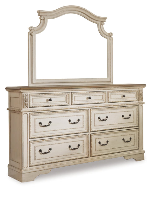 Realyn Queen Upholstered Panel Bed with Mirrored Dresser, Chest and Nightstand