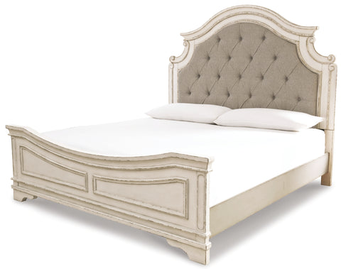 Realyn California King Upholstered Panel Bed with Mirrored Dresser, Chest and Nightstand