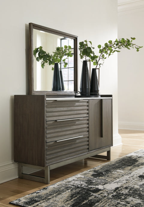 Arkenton California King Panel Bed with Mirrored Dresser, Chest and Nightstand