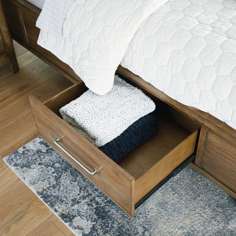 Cabalynn Queen Panel Bed with Storage with Mirrored Dresser and Chest